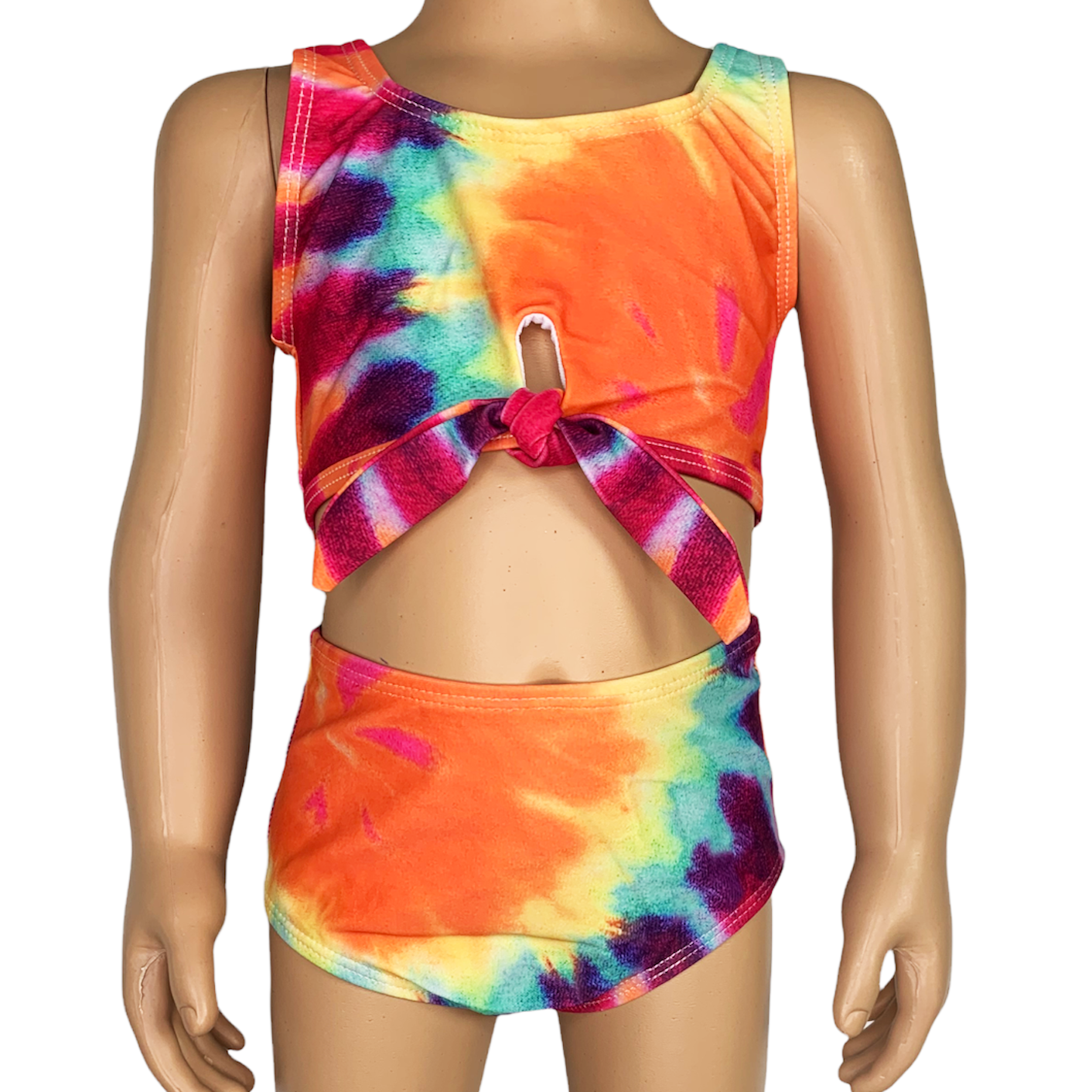 AL Limited Girls 2 piece Tie Dye Tankini Swimsuit featuring a rainbow swirl design with a tie knot tank top and high-waisted bottoms.